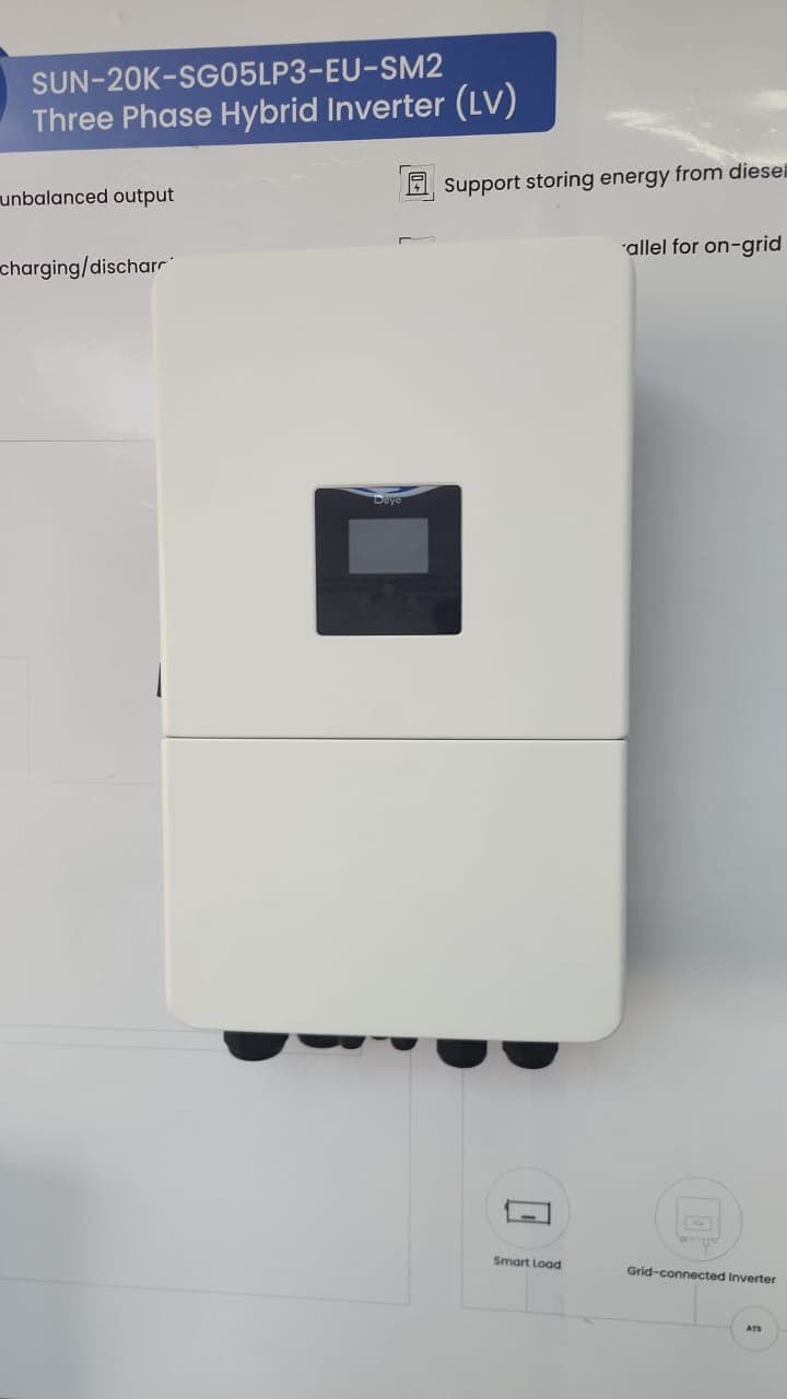 Deye SUN-20K three-phase hybrid inverter on a showroom wall