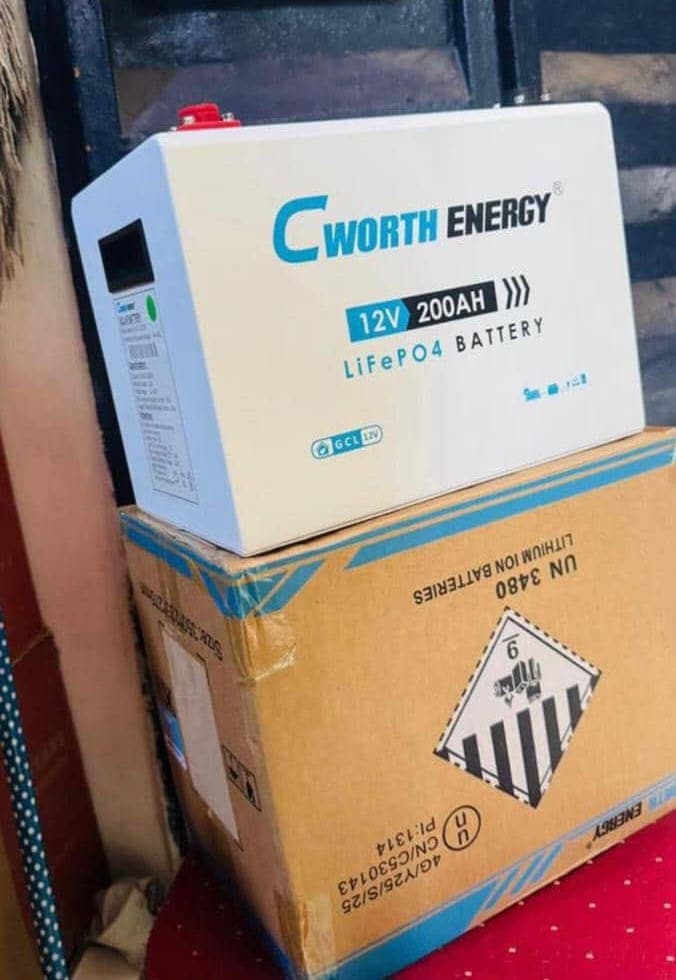 Cworth Energy 12V 200Ah LiFePO4 battery on its carton