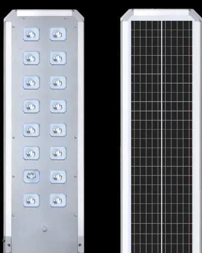 Felicity D2 120W all-in-one solar street light with two rows of LED lenses, and its solar panel side
