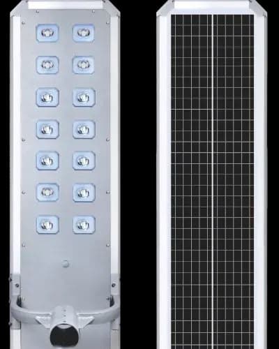 Felicity D2 100W all-in-one solar street light with two rows of LED lenses, and its solar panel side