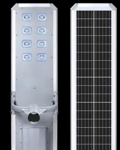 Felicity D2 60W all-in-one solar street light with two rows of LED lenses, and its solar panel side