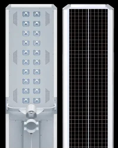 Felicity D2 150W-S all-in-one solar street light with two rows of LED lenses, and its solar panel side