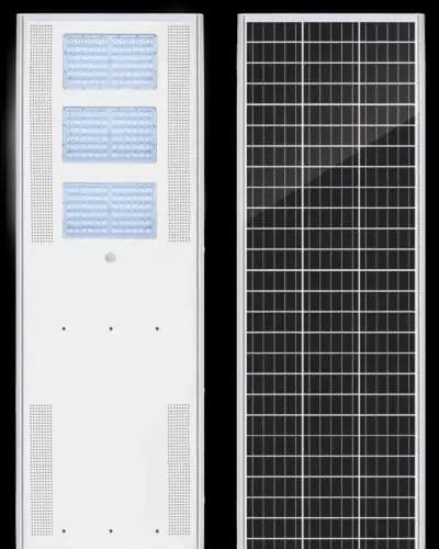 Felicity FL-A3 100W all-in-one solar street light with three LED blocks, and its solar panel side