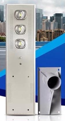 YD 40W all-in-one solar street light with three round LED lamps, beside its pole bracket