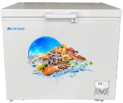 Yohako chest freezer, white with a picture of seafood on the front