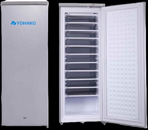 Yohako upright freezer, closed and with its door open showing the drawers