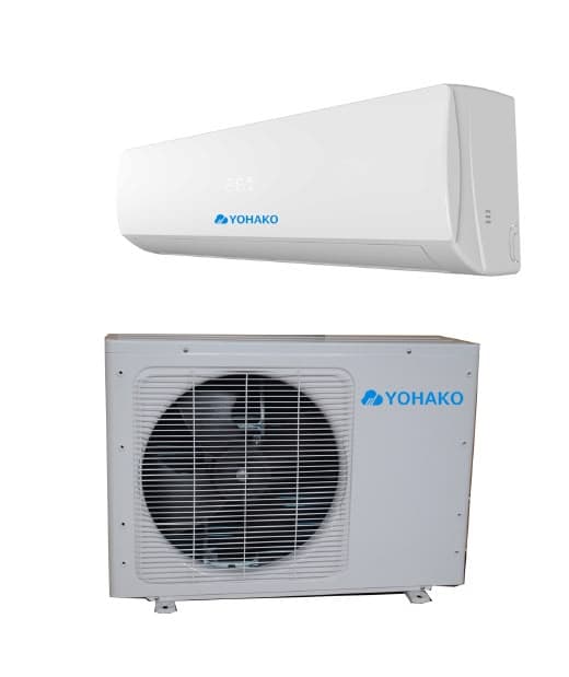 Yohako AC/DC solar air conditioner: indoor unit above the outdoor unit