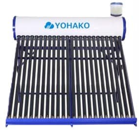 Yohako solar water heater: a tank above a row of vacuum tubes